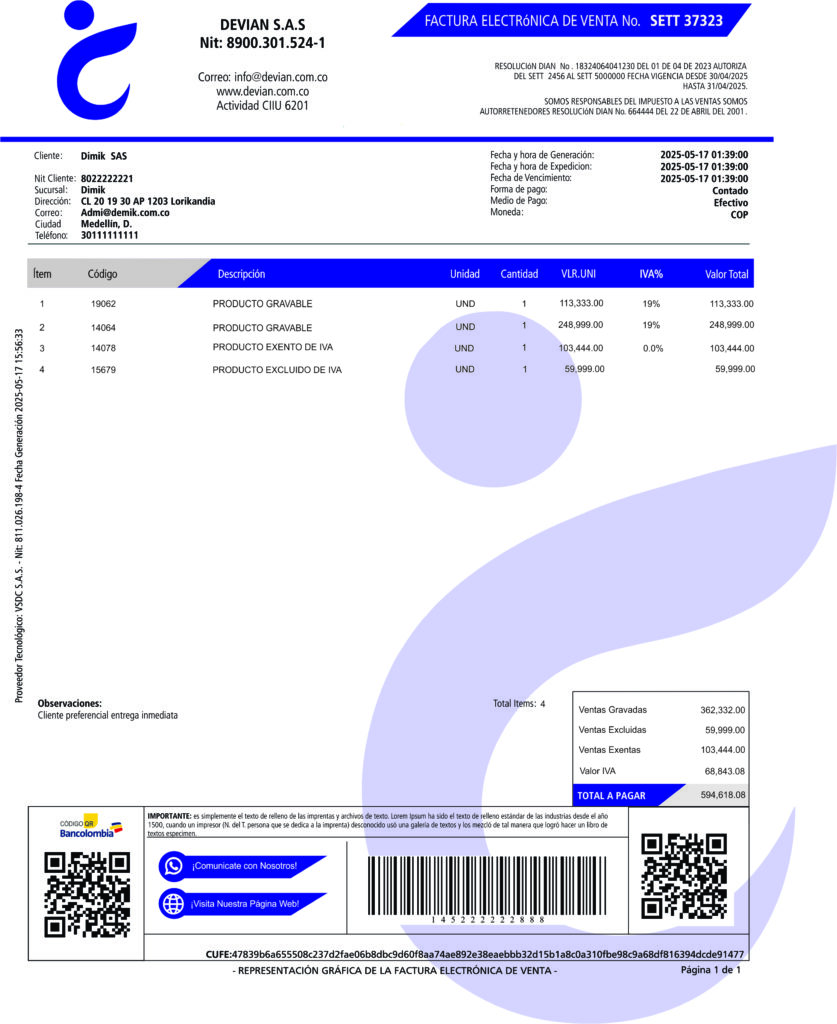 Factura con productos exentos y excluidos de IVA.